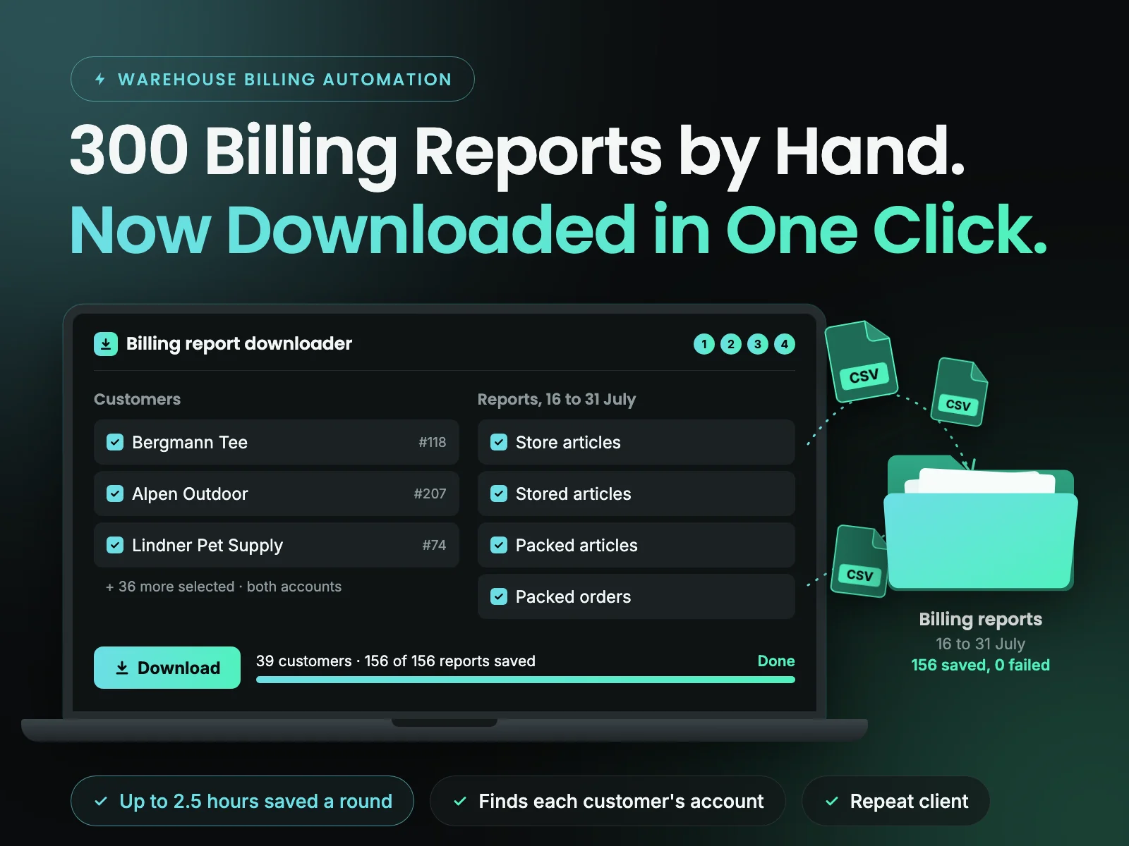 A billing report dashboard with 39 customers selected and 156 of 156 reports saved