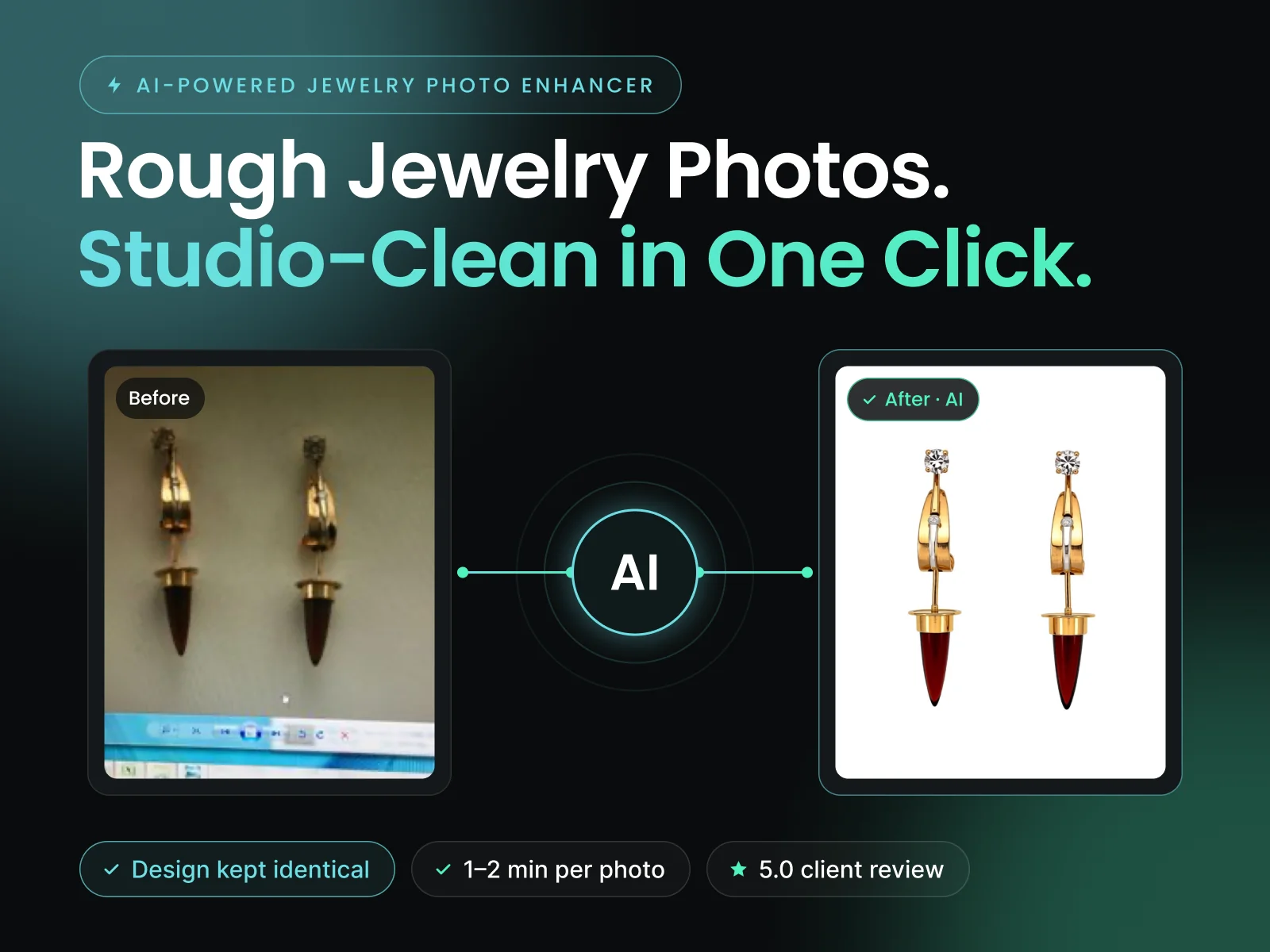 A rough phone photo of earrings next to the same earrings on a clean studio background