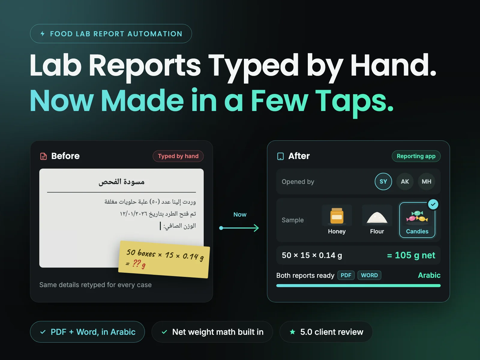 A hand-typed Arabic lab report next to the reporting app that makes it in a few taps